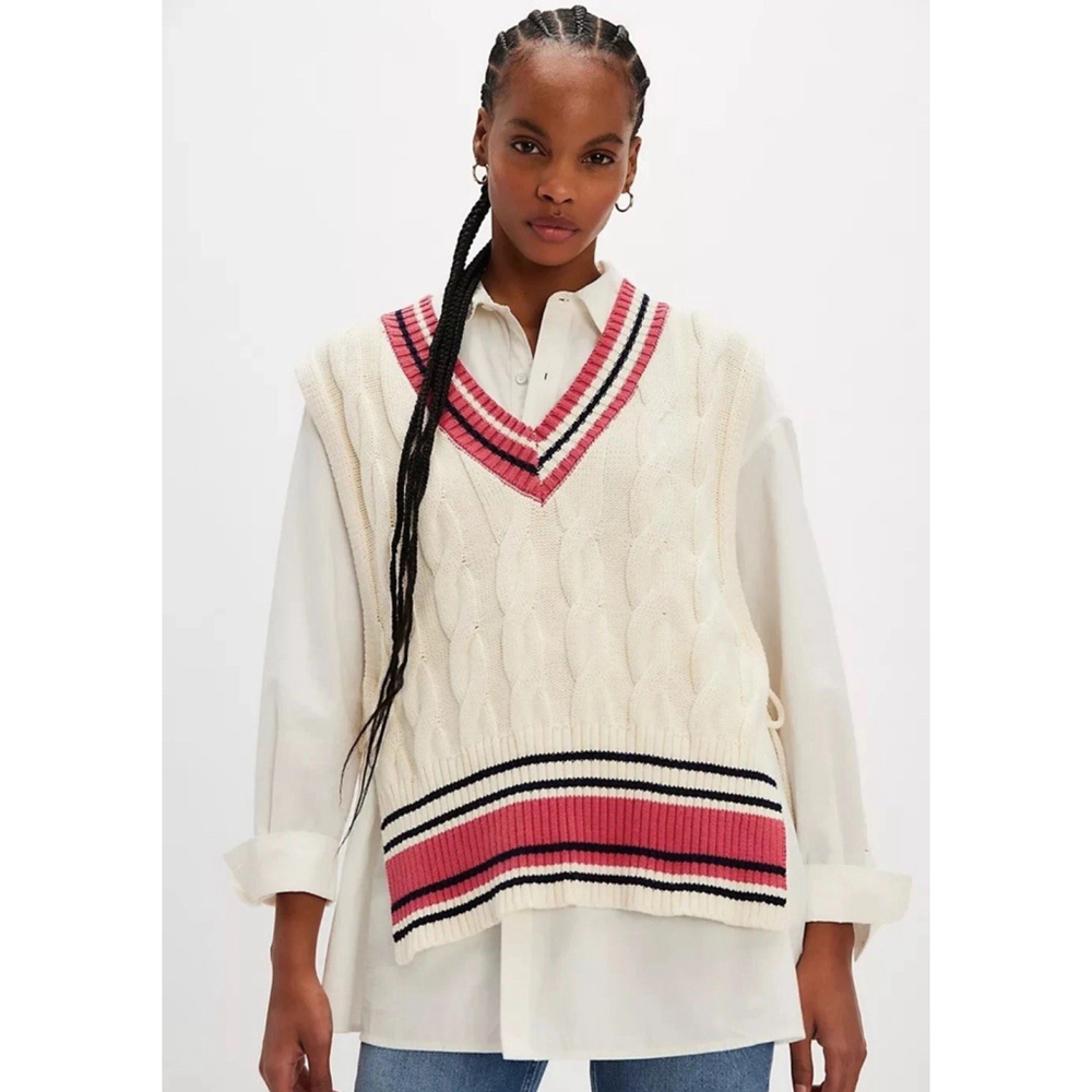 Free People Coastal Prep Poncho Vest Cable Knit One Size Cream Pink Preppy